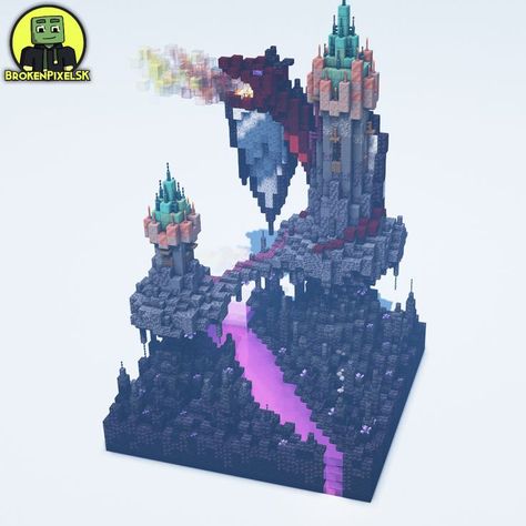 Fantasy scene with a dragon, custom biome and 1.17 towers in Minecraft Minecraft Mountain Castle, Minecraft Mountain, Minecraft Survival, Minecraft Medieval, Minecraft Decorations, Minecraft Crafts, Minecraft Building, Minecraft Projects, Minecraft Designs