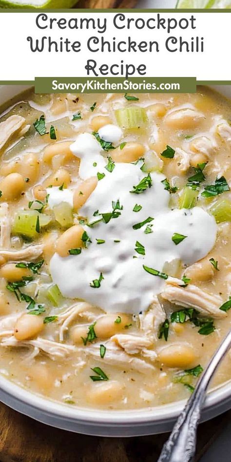 Looking for a cozy meal that warms your soul? This Creamy Crockpot White Chicken Chili Recipe is the perfect solution for busy weeknights. Enjoy a delicious and hearty dish with minimal effort—perfect for families! Save this recipe for your next crockpot cooking adventure! White Bean Chili Crockpot, White Chili Crockpot, White Bean Chicken Chili Slow Cooker, White Bean Chicken Chili Crockpot, Best White Chicken Chili Recipe, Crockpot Chicken Chili Recipes, Turkey Chili Recipe Crockpot, Creamy White Chicken Chili Recipe, White Chicken Chili Recipe Crockpot