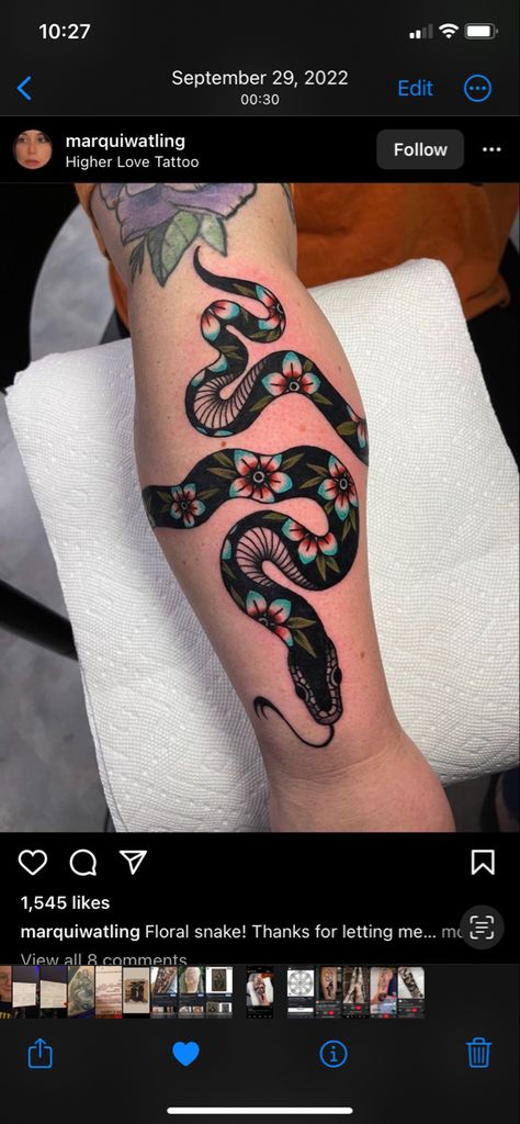 Id love some floral in the snake. Greens and blues maybe? Whatever you think is best (but preferably limited yellow) Traditional Snake, Traditional Snake Tattoo, Floral Snake, Snake Tattoo, The Snake, Yellow Floral, Skull Tattoo, Tatting, You Think