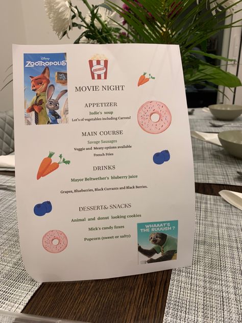 Zootopia Zootropolis movie night menu. Zootopia Food Ideas, Pixar Dinner And Movie Night, Zootopia Movie Night Food, Zootopia Dinner And A Movie, Disney Dinner And Movie Night Ideas, Summer Movie Night Snacks, Disney Themed Movie Night Dinner, Zootopia Movie Night, Movie Night Food Ideas Dinners