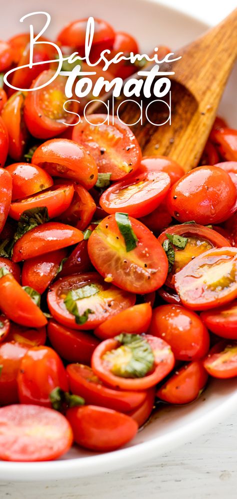 A closeup view of a bowl of balsamic tomato salad with a wooden spoon sticking out ready to serve. Tomato Salad Recipes Balsamic Vinegar, Balsamic Vinegarette, Balsamic Vinegar Dressing, Breakfast Salad, Vinegar Dressing, Classic Salad, Tomato Salad Recipes, Cold Pasta, Cold Pasta Salad