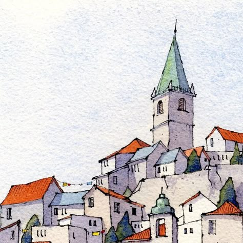 Watercolor Art Buildings, Urban Sketching Watercolors, Watercolor Art Inspiration, Watercolor Buildings, Watercolour Sketches, Watercolor And Ink Illustration, Wildflower Drawing, Watercolor House Painting, Watercolor Art Landscape