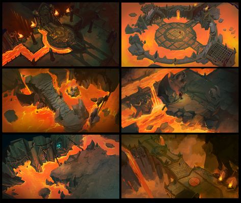 Lava Background Concept Art, Lava Cave Concept Art, Lava Monster Concept Art, Volcanic Environment, Diablo Environment Concept Art, Darksiders Genesis, Grace Liu, Stylized Desert Environment, Game Art Environment