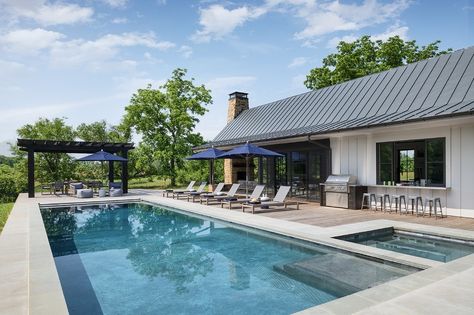 Black Pergola Next to In Ground Pool - Transitional - Pool Pool Loungers, Black Pergola, In Ground Pool, Blue Umbrella, Pool Lounger, Concrete Fire Pits, Metal Pergola, Kitchen Seating, Aluminum Pergola