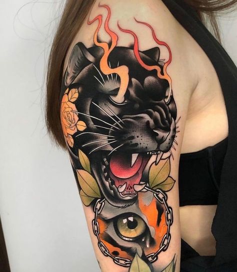 Traditional Tattoo Animals, Traditional Panther Tattoo, Neo Traditional Tattoos, Neo Traditional Art, Neo Tattoo, Traditional Tattoo Inspiration, Traditional Style Tattoo, Panther Tattoo, Traditional Tattoo Sleeve