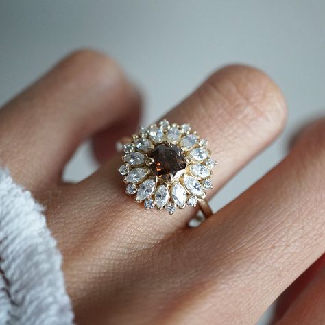 Vintage Right Hand Ring, Vintage Gold Diamond Cluster Ring, Vintage Diamond Flower Ring, Champagne Diamond Engagement Ring Vintage, Rare Engagement Rings, Marquise Engagement Ring Halo, Champagne Diamond Ring, Unique Diamond Ring, Champagne Diamond Rings