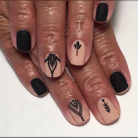 Matte black & nude gel manicure with hand painted henna accents.  See more of my designs on my nail board @jgchef13 or my IG account @jgchef13. Plant Nail Art Simple, Boho Black Nails, Henna Style Nails, Henna Nails Design, Yoga Nail Art, Henna Inspired Nails, Black Boho Nails, Arizona Nail Designs, Nail Tattoo Ideas