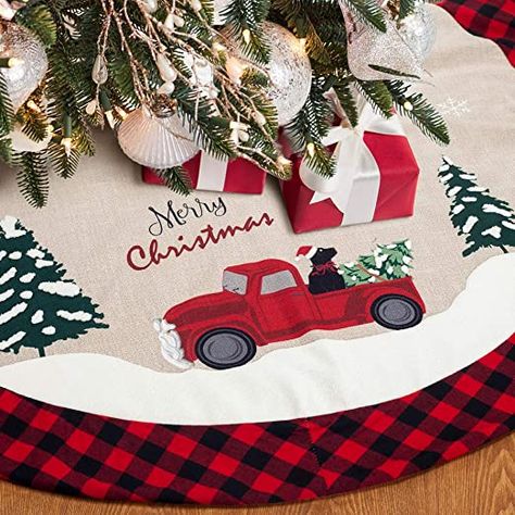 Thoughtful Xmas Gifts, Burlap Christmas Tree Skirt, Black And Red Checkered, Snowflakes Christmas Tree, Burlap Tree Skirt, Embroidered Tree, Plaid Christmas Tree Skirt, Xmas Tree Skirts, Burlap Christmas Tree