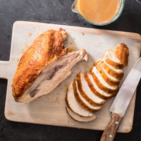 A perfectly cooked, crispy-skinned turkey breast can be just the ticket for a smaller holiday gathering—particularly if it comes with gravy. Turkey Breast With Gravy, Stuffing Cranberry, American Test Kitchen, Turkey Dressing, Test Kitchen Recipes, Turkey Breast Recipe, Turkey Stuffing, Roast Turkey Breast, America's Test Kitchen Recipes