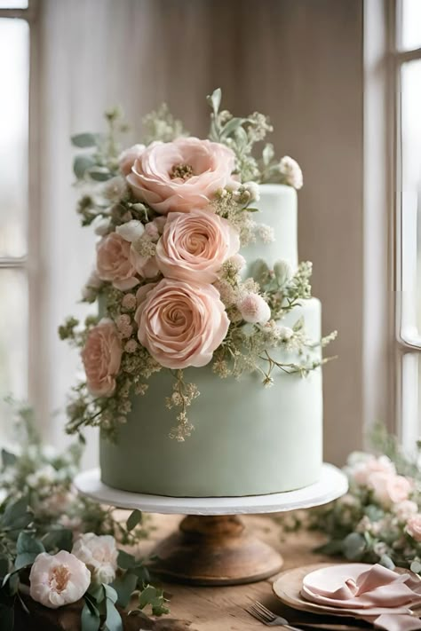 Elegant sage green wedding cake with blush pink flowers    Sage green wedding | romantic wedding | spring wedding | blush pink wedding | floral wedding cake | sage green wedding cake | blush pink wedding cake | wedding cake ideas | wedding cake inspiration | pink wedding cake | sage green and blush pink wedding | sage green and blush pink wedding color scheme | sage green and blush pink wedding cake Save Green And Blush Wedding, Garden Tea Party Favors, Sage Blush Pink Wedding, Spring Wedding Colors Sage Green, Sage Green Pink And Brown Wedding, Plush Pink And Sage Green Wedding, Spring Wedding Sage Green And Blush, Rustic Pink And Green Wedding, Safe And Pink Wedding