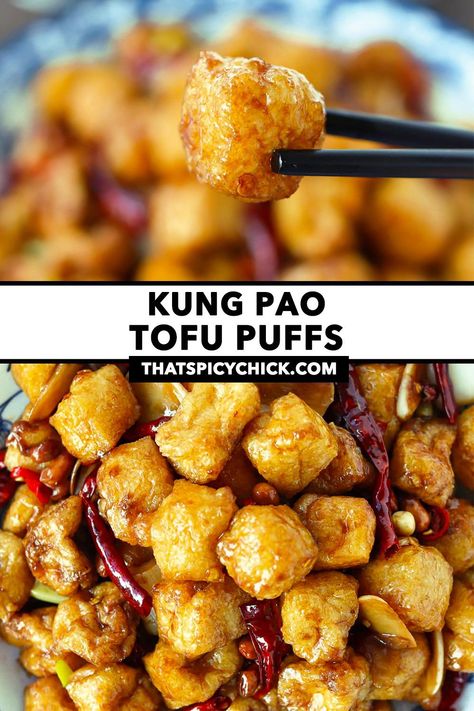 Made with crisp on the outside and spongy on the inside fried tofu puffs, this Kung Pao Tofu Puffs stir-fry is full of savory, spicy, and numbing flavors with a hint of sweetness and tang! It’s quick and easy to make in under 30 minutes and SO GOOD with steamed rice! #kungpaotofu #tofu #kungpao #vegetarian #vegan #dinner #stirfry #sichuanfood #asianfood #spicy #betterthantakeout | That Spicy Chick Pumfu Recipes, Puffed Tofu Recipe, Tofu Recipes Spicy, Tofu Puffs Recipe, Puffed Tofu, Tofu Puffs Recipe Dishes, Fried Tofu Recipes, Spicy Crispy Tofu Recipes, Pan Fried Tofu Recipes