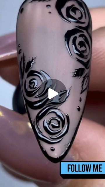 Dark Rose Nails Design, Black Rose Nail Design, Rose Design Nail Art, Dark Nails With Design, Black Rose Nails, Roses Nail Art, Rose Nails Tutorial, Rose Nail Design, Rose Outline