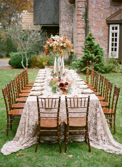 Fall Foliage Bouquet, Lace Tablecloth Wedding, Wood Reception, Norwegian Wedding, White Table Cover, Small Backyard Wedding, Romantic Outdoor Wedding, Country Manor, Wedding Tablecloths