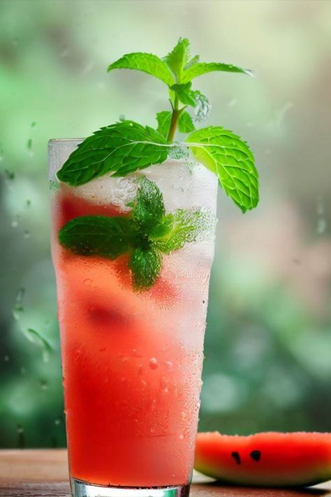 Quench your thirst with this refreshing Watermelon Mint Cooler! Made with fresh watermelon and mint, this drink is perfect for hot summer days. Served in a clear glass with a slice of watermelon and a sprig of mint, it's both beautiful and delicious. Enjoy this drink poolside, at a picnic, or simply while lounging in your backyard. #watermelon #mint #summer #refreshing #cool #thirstquencher #drinks #beverages #picnic #backyard Watermelon Summer Drinks, Watermelon Mint Juice Recipe, Watermelon Mint Salad Summer, Watermelon And Mint Drink, Watermelon Mint Cocktail, Watermelon Cucumber Mint Drink, Picnic Backyard, Watermelon And Mint, Watermelon Art