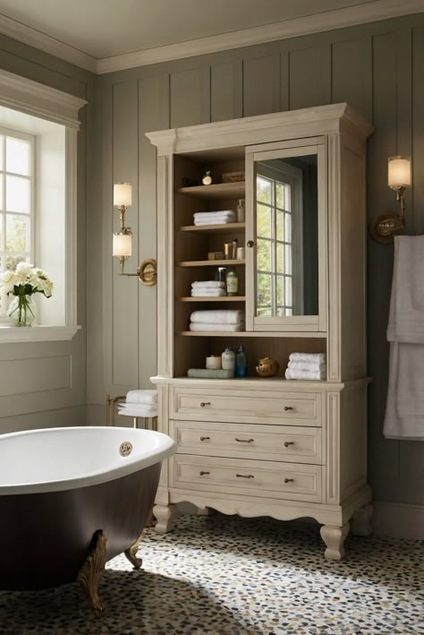 Incorporate functionality and elegance in your bathroom with the perfect vanity cabinet. Learn how to enhance storage and style for a chic and organized space.
#ad  


#home
#wallpaint2024
 #color2024
 #DIYpainting
 ##DIYhomedecor
 #Fixhome Bathroom Hutch Ideas, Dresser In Bathroom For Storage, Antique Cabinet In Bathroom, Farmhouse Jack And Jill Bathroom, Dresser In Bathroom, Bathroom Hutch, Seasonal Decor Storage, Antique Bathroom Cabinet, Bathroom Armoire