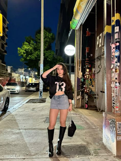 Mini skirt , jersey outfit Mini Skirt Outfit Poses, Black Jersey Mini Skirt Outfit, Jean Skirt And Jersey Outfit, Graphic Tee And Mini Skirt, Miniskirt With Oversized Shirt, Denim Mini Skirt With Knee High Boots, Y2k Style Mid-rise Mini Skirt, Mini Skirt Aesthetic, Skirt Aesthetic