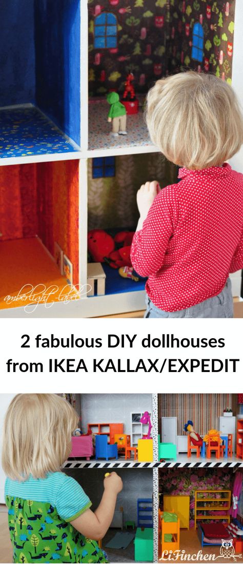 2 fabulous DIY dollhouses from IKEA KALLAX/EXPEDIT - IKEA HACK DIY dollhouse - KALLAX or EXPEDIT 2x2 shelving unit turned into dollhouses. Ikea Kallax Dollhouse Hack, Kallax Dollhouse Hack, Ikea Kallax Barbie House, Ikea Cube Shelves, Diy Barbie House From Cube Shelf, Ikea Dolls House Bookshelf, Cube Storage Doll House, Cube Organizer Doll House, Ikea Cubes