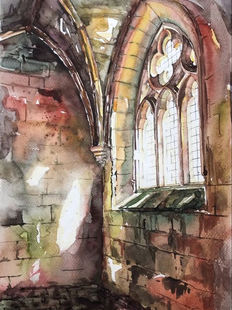 Classical Art Watercolor, Watercolour Painting Architecture, Gothic Architecture Watercolor, Complex Watercolor Paintings, Watercolour Interior Drawing, Stained Glass Sketch, Watercolor Stained Glass Painting, Messy Watercolor Art, Watercolor Cathedral