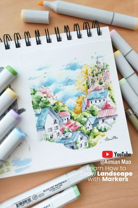 Markers Drawing Tutorial, Landscape Markers, Markers Drawing Architecture, Marker Tutorial, Draw Landscape, Copic Marker Drawings, Art Markers Drawing, Copic Drawings, Markers Drawing Ideas