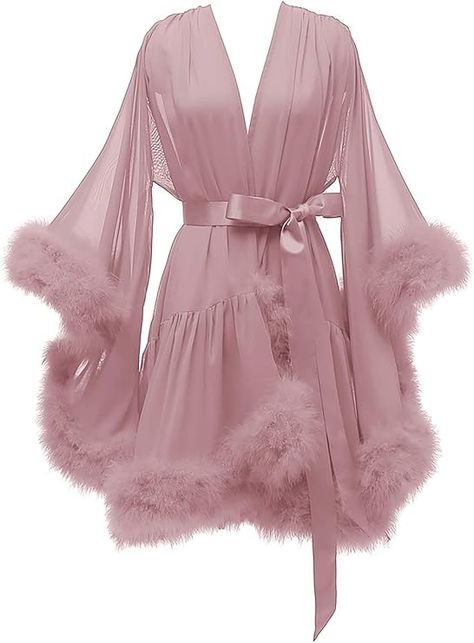 Changuan Feather Bridal Robe Fur Old Hollywood Robe Sexy Illusion Lingerie Nightgown Bathrobe Sleepwear Dressing GownDusty Rose XXL at Amazon Women’s Clothing store Feather Bridal Robe, Fancy Robes, Short Gown Dress, Wedding Scarf, Sheer Robe, Sheer Gown, Cute Pajama Sets, Bridal Robe, Wedding Robe