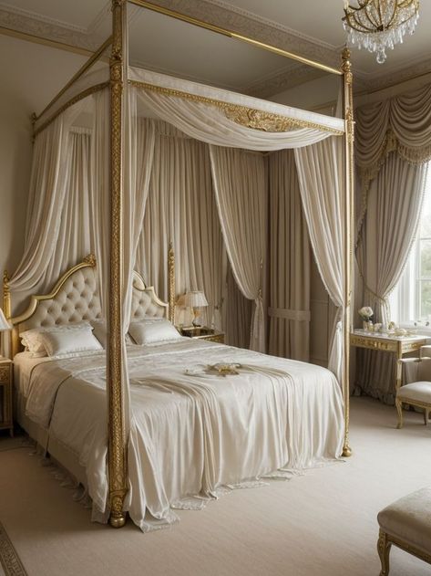 Royal Princess Bedroom, Princess Bedroom Aesthetic, Royal Luxury Bedroom Design, Princess Bed Frame, Princess Theme Bedroom, Gold Bed Frame, Princess Bedrooms, Royal Bed, Royal Room