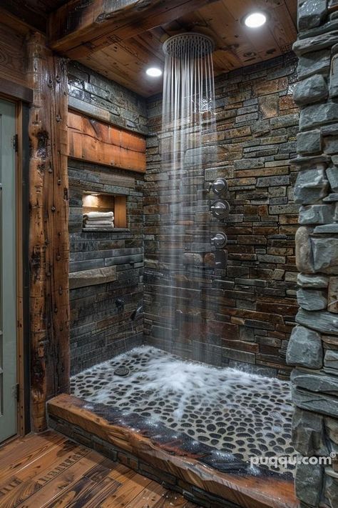 ✸This Old Stomping Ground✸ Modern But Rustic Homes, Rustic Bathroom Tile Ideas River Rocks, Stone Wet Room, Unique Home Builds, Old Wood House Interior, Walk In Shower Rustic, Bathroom With Stone Floor, Rustic House Interior Decor, Rock Shower Ideas