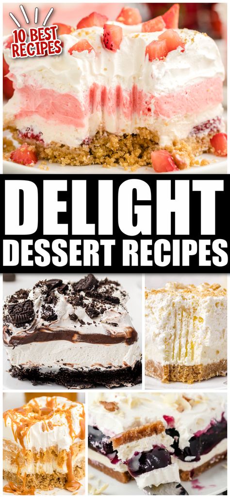 These Delight Dessert Recipes contain some of the creamiest, most luscious desserts that you can make to impress guests or eat it all yourself. Easy Delight Desserts, Dessert Recipes Lasagna, Dessert Lush Recipes, Delight Recipes Desserts, Heavenly Delight Dessert, Lush Recipes Dessert, Lush Cakes Dessert Recipes, Progressive Dinner Dessert Ideas, Light Summer Dessert Recipes