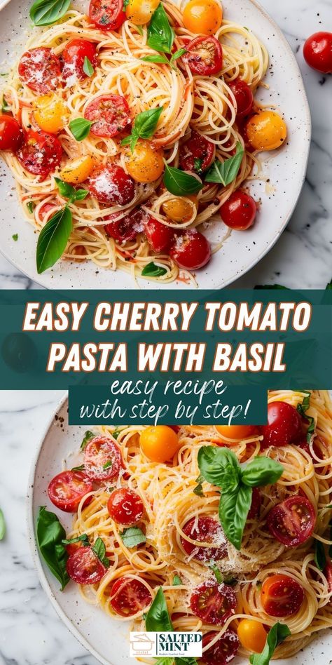 Enjoy a delicious and easy cherry tomato pasta in just 15 minutes! With only 5 ingredients, including fresh tomatoes and basil, it's the perfect healthy dinner. Fresh Cherry Tomato Pasta Sauce, Basil Cherry Tomato Pasta, Side Dishes With Cherry Tomatoes, Main Dishes Using Fresh Tomatoes, Spaghetti With Cherry Tomatoes And Basil, Cherrie Tomato Recipes, Simple Fresh Recipes, Easy Cherry Tomato Pasta, Recipes To Use Up Cherry Tomatoes