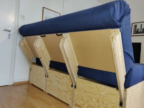 DIY Convertible Sofa Bed with Storage Diy Corner Sofa, Camper Furniture, Diy Mattress, Fold Out Couch, Diy Sofa Bed, Small Sofa Bed, Wood Furniture Plans, Convertible Bed, Transforming Furniture