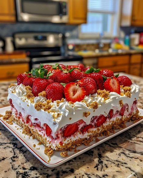 Recipes Cookery | 🌟 Strawberry Crunch Poke Cake 🌟 | Facebook Strawberry Poke Crunch Cake, Strawberry Crunch Poke Cake Recipe, Strawberry Crunch Desserts, Strawberry Crunch Poke Cake, Strawberry Poke Cake Recipe, Strawberry Cake Decorations, Strawberry Poke Cake, Strawberry Gelatin, Strawberry Crunch Cake