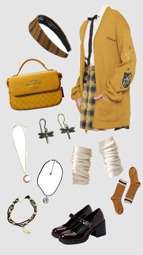 Hufflepuff outfit inspo Hufflepuff Inspired Outfits, Hufflepuff Lookbook, Hufflepuff Fashion, Hufflepuff Outfit, Hogwarts Outfits, Harry Potter Costume, Harry Potter Outfits, Field Day, Harry Potter Fandom