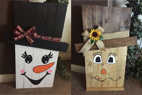 REVERSIBLE SCARECROW & SNOWMAN (Craft idea) – The Idea Door Wooden Scarecrow, Pallet Snowman, Pallet Wood Christmas, Wooden Pallet Crafts, Wooden Crafts Diy, Board Pictures, Painted Items, Fall Scarecrows, Craft Things