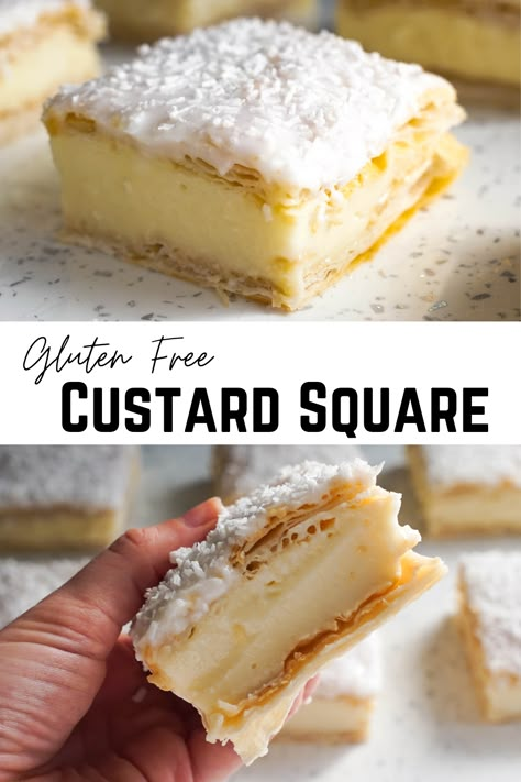 Gluten Free Custard, Custard Squares, Dairy Free Custard, Gluten Free Puff Pastry, Gluten Free Cake Recipe, Gluten Free Pastry, Easy Gluten Free Desserts, Custard Recipes, Gluten Free Bakery