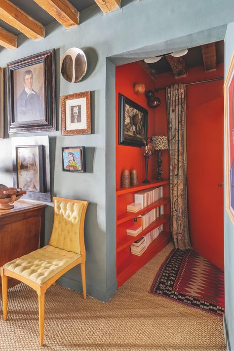 Furniture Painted Same Color As Wall, Eclectic Open Floor Plan, Nice France Apartment, Blue Trim Interior, Havana Modern, Studio Apartment Bedroom, Colorful Entryway, Desert Cabin, Fun Interior Design