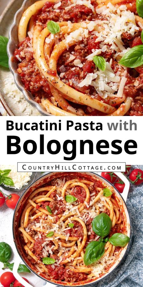 Bucatini Bolognese is a quick, easy, delicious family dinner. Like traditional authentic Italian spaghetti Bolognese, the homemade recipe starts with a with a hearty ground beef tomato sauce but uses bucatini pasta for a game changer. Pasta and Bolognese sauce is the best cheesy comfort food that you need in life! It’s the perfect midweek meal to enjoy together sitting around the dinner table after a busy day. Create variations with vegetables, bacon and ground chicken. | CountryHillCottage.com Bucatini Bolognese, Authentic Italian Spaghetti, Traditional Spaghetti, Beef Tomato, Quick Pasta Dishes, Italian Spaghetti, Bucatini Pasta, Delicious Family Dinners, Pasta Bolognese