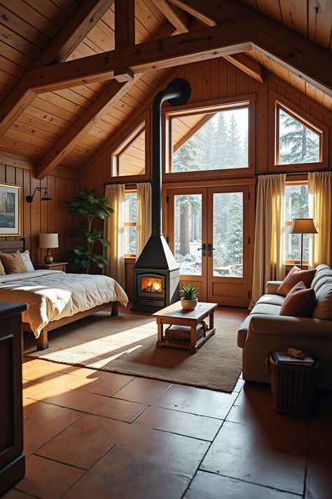 Sunlit cozy cabin interior with a wood-burning stove. Transform chilly winter blues into warm, snug vibrance with cabins that embrace you like a hot chocolate hug, offering ideas galore for your own slice of snowy paradise. Swiss Ski Chalet Interiors, Cosy Cabin Aesthetic, Small Cozy Cabin Interior, Small Cozy Cabin, Log Cabin Homes Interior, Cozy Mountain Cabin, Tiny Cabins Interiors, Cozy Cabin Interior, Cozy Cabin Aesthetic