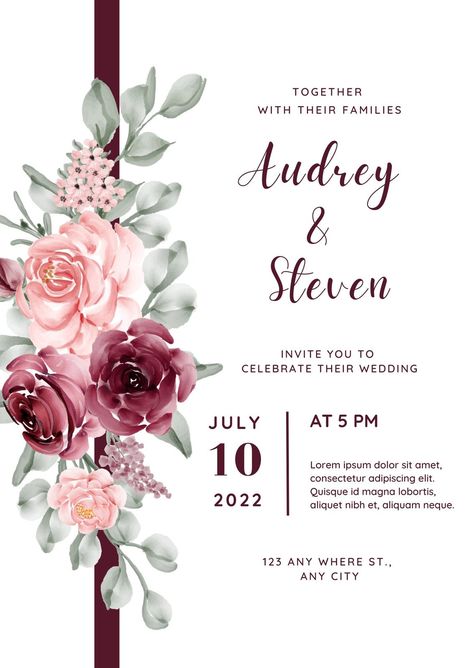 Templates Wedding Invitation Card Design Templates, Maroon Wedding Invitations, Free Printable Wedding Invitations, Engagement Invite, Digital Wedding Invitations Templates, Floral Invitations Template, Maroon Wedding, Chocolate Hampers, Free Wedding Printables