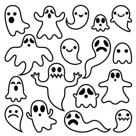 Scary Ghosts Design, Halloween Characters Icons Set Stock Vector - Image: 72334161 Ghost Drawing Easy, Easy Halloween Drawings, Dekorasi Halloween, Ghost Drawing, Ghost Cartoon, Ghost Design, Halloween Drawings, Halloween Diy Crafts, Halloween Cartoons