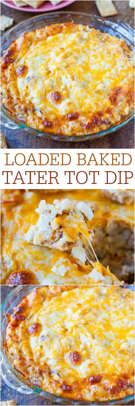 Loaded Baked Tater Tot Dip - All your favorite baked potato toppings are combined in this easy, cheesy dip! A tried-and-true crowd favorite! Baked Potato Toppings, Cheesy Dip, Averie Cooks, Potato Toppings, Tater Tots, Buffalo Chicken Dip, Easy Cheesy, Football Food, Yummy Dips