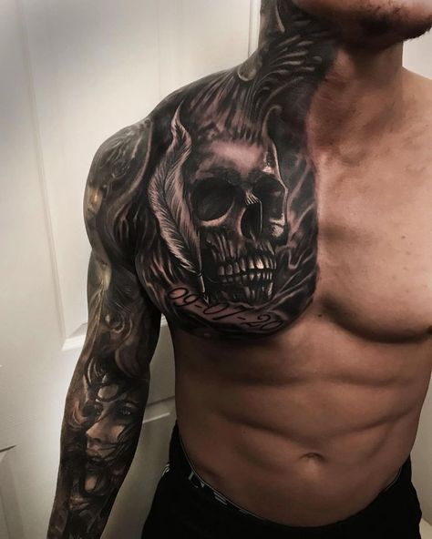 Mens Full Sleeve Tattoo, Abdomen Tattoo, Full Chest Tattoos, Tattoo Goo, Boys With Tattoos, All Black Tattoos, Skull Sleeve Tattoos, Skull Sleeve, Dragon Sleeve Tattoos