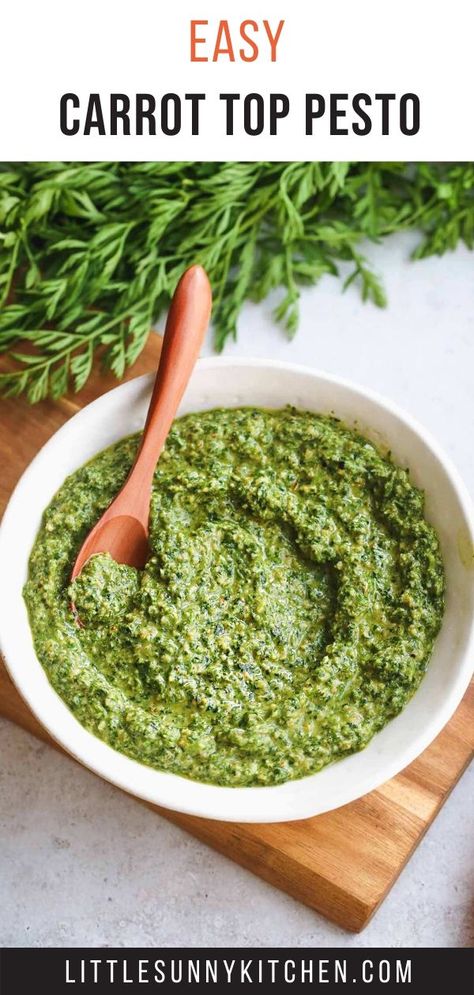 Carrot Top Pesto, Healthy Dip Recipes, Little Sunny Kitchen, Sunny Kitchen, Green Pesto, Carrot Greens, Creamy Pesto, Vegan Pesto, Carrot Top