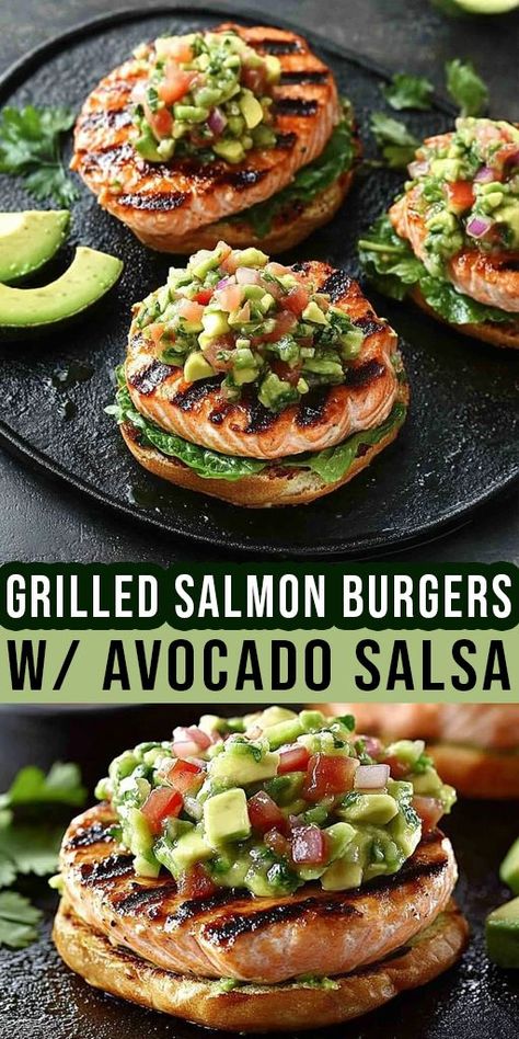 🍔 Grilled Salmon Burgers with Fresh Avocado Salsa! These juicy, healthy burgers are topped with creamy avocado salsa and perfect for summer grilling or a light dinner option. #SalmonBurgers #GrillingRecipes #AvocadoSalsa #HealthyBurgers #BBQSeason #SeafoodRecipes Creamy Avocado Salsa, Healthy Salmon Burgers, Grilled Salmon Burgers, Burgers With Avocado, Healthy Burgers, Salmon And Avocado, Salmon Burger Recipe, Salmon Burger, Salmon With Avocado Salsa