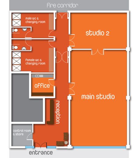 Studio Floor Plan Studio Reception Area, Yoga Studio Reception, Studio Reception, Dance Studio Floor, Yoga Studio Interior, Dance Studio Design, Studio Floor Plans, Hot Yoga Studio, Studio Floor