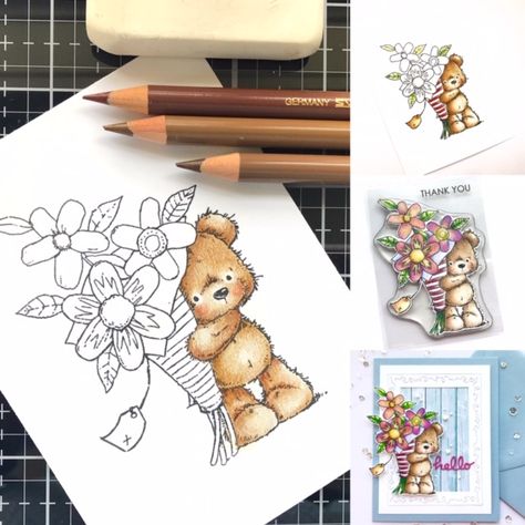 Flower Teddy + Floral Twist | Penny Black | Sincerely Susie Cool Erasers, Penny Black Cards, Colored Pencil Tutorial, Penny Black Stamps, Set Love, Friends Set, Green Cards, Beautiful Handmade Cards, Black Card