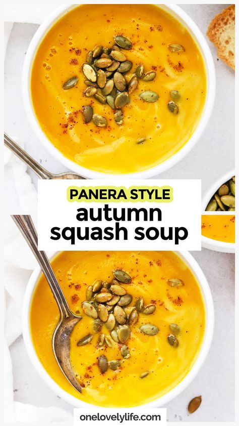 Our copycat Panera autumn squash soup recipe makes it easy to have this restaurant favorite at home! This creamy squash soup has the perfect blend of spices and is sure to warm you up on a chilly day. It's simple, nourishing, and delicious! Get our Autumn Squash Soup recipe and more cozy soup recipes to try at One Lovely Life Panera Autumn Squash Soup Recipe Instant Pot, Panera Pumpkin Soup Recipe, Simple Squash Soup, Copycat Panera Butternut Squash Soup, Panera Harvest Squash Soup, Panera Autumn Soup, Panera Bread Squash Soup Recipe, Autumn Soup Panera Recipe, Crockpot Autumn Soup