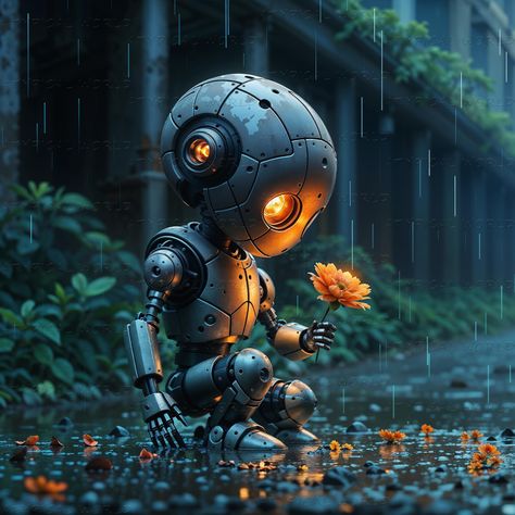 Futuristic Painting, Cute Robot, Glowing Eyes, Sci Fi Models, Digital Paintings, Dark Pictures, Flower Nature, Color Profile, Abandoned Buildings