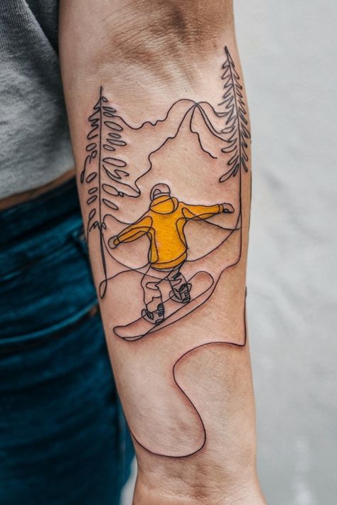 Tattoo of a snowboarder in a yellow jacket riding through mountains and pine trees. Ski Tattoo Simple, Small Wrist Tattoos For Women, Small Wrist Tattoo Ideas, Snowboard Tattoo, Snowboarding Tattoo, Women Tattoo Inspiration, Chris Tattoo, Small Wrist Tattoo, Tattoo Ideas For Females