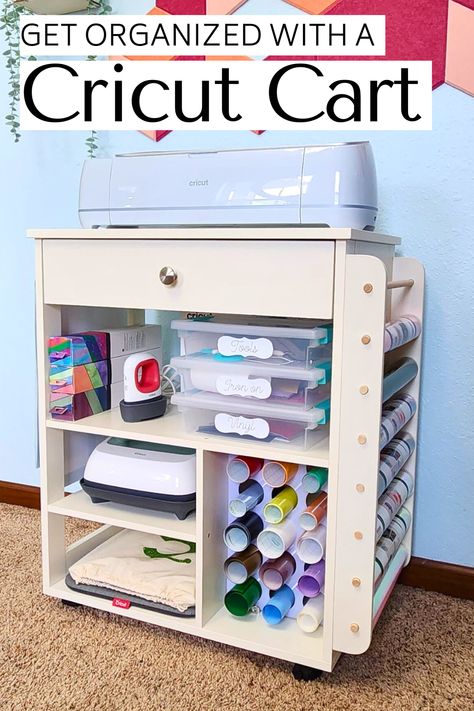 A Cricut cart to help organize your machine, tools and accessories. Tons of room for vinyl rolls. Diy Vinyl Storage, Rolling Craft Cart, Cart Organization, Craft Room Shelves, Cricut Storage, Cricut Cart, Wood Cart, Craft Cart, Organization Cart