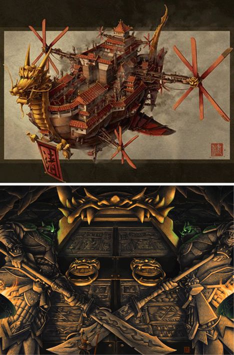 Asian Steampunk Art: Strange or Serious Green Machines? | WebEcoist Asian Steampunk Concept Art, Steampunk Painting, Asian Steampunk, Fantasy Ships, Asian City, Man And Machine, Steampunk Inspiration, Steampunk Fantasy, Torii Gate