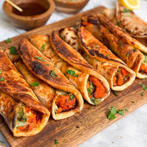 Chicken Tikka Paratha Rolls - BAKE WITH ZOHA Chicken Tikka Wrap, Chicken Tikka Burrito, Chicken Tikka Rolls, Chicken Tikka Recipe Grilled, Chicken Tikka Roll, Tandoori Chicken Flatbread, Paratha Roll, Chicken Roti, Tikka Recipe